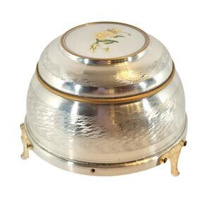 Vintage Prague Musical Powder Box Silver Tone Floral Lid 6" Plays Blue Danube